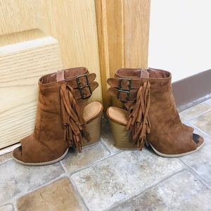 Camel fringe open toe bootie